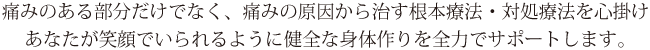 痛みのある部分だけでなく、痛みの原因から治す根本療法・対処療法を心掛けあなたが笑顔でいられるように健全な身体作りを全力でサポートします。